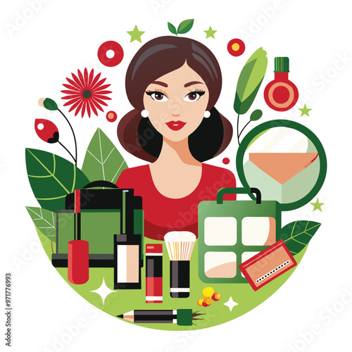 This lively composition showcases a woman surrounded by makeup skincare and fashion essentials perfect for a beauty blog or lifestyle content