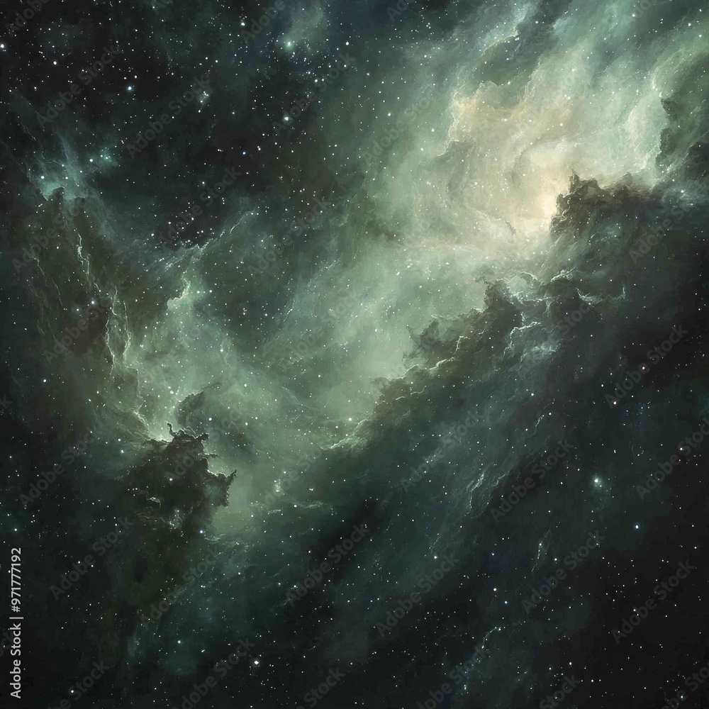 Swirling green particles dance gracefully in the cosmos, creating a breathtaking spectacle within the immense expanse of the universe under the twilight sky. Swirling green particles dance gracefully in the cosmos, creating a breathtaking spectacle within the immense expanse of the universe under the twilight sky.