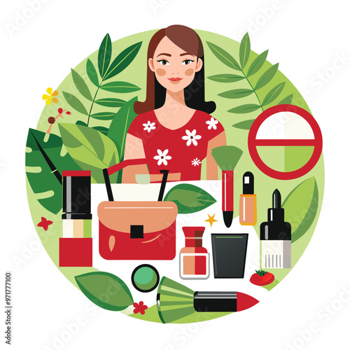 This beauty blog set showcases a model with stylish makeup surrounded by lush greenery and various cosmetics ideal for summer beauty trends
