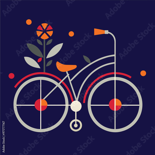 A creatively designed bicycle stands out with vibrant colors and floral accents set against a dark backdrop showcasing modern artistic flair