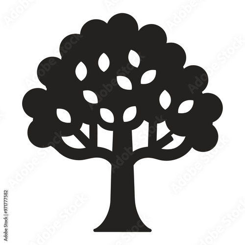 A dark silhouette of a tree features a rounded canopy with many leaves and a sturdy trunk ideal for logos illustrations or nature focused art