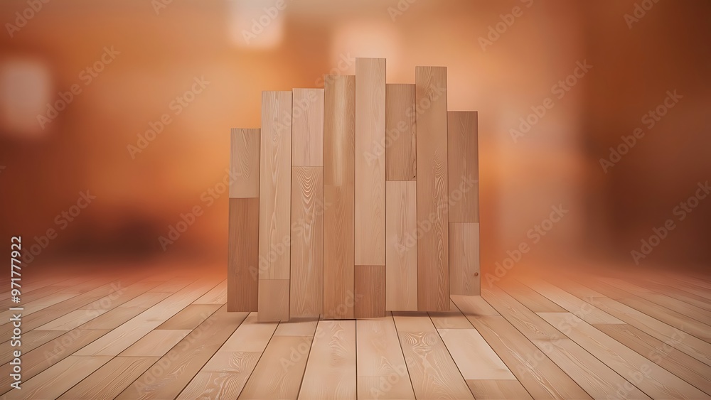 Fototapeta premium Template of beige wooden floor made of planks on blurred orange background