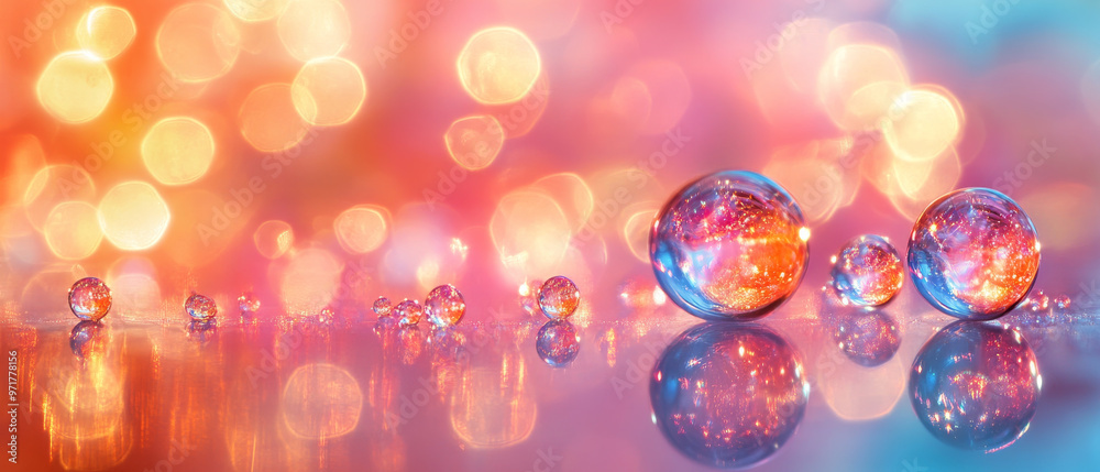 Droplets and baubles reflect vibrant colors in dreamy, blurred background, creating mesmerizing visual effect. interplay of light and color evokes sense of wonder and tranquility