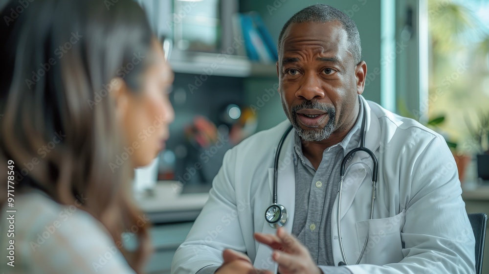 Create a high-resolution image of a Black doctor talking to a patient in a modern medical exam room, including medical equipment and a compassionate interaction Create a high-resolution image of a Black doctor talking to a patient in a modern medical exam room, including medical equipment and a compassionate interaction