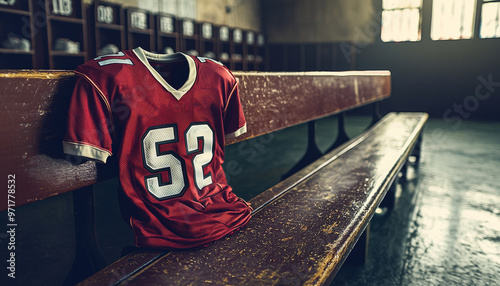 A dynamic football jersey laid out on bench in locker room, showcasing its vibrant red color and number 52. atmosphere evokes sense of anticipation and team spirit