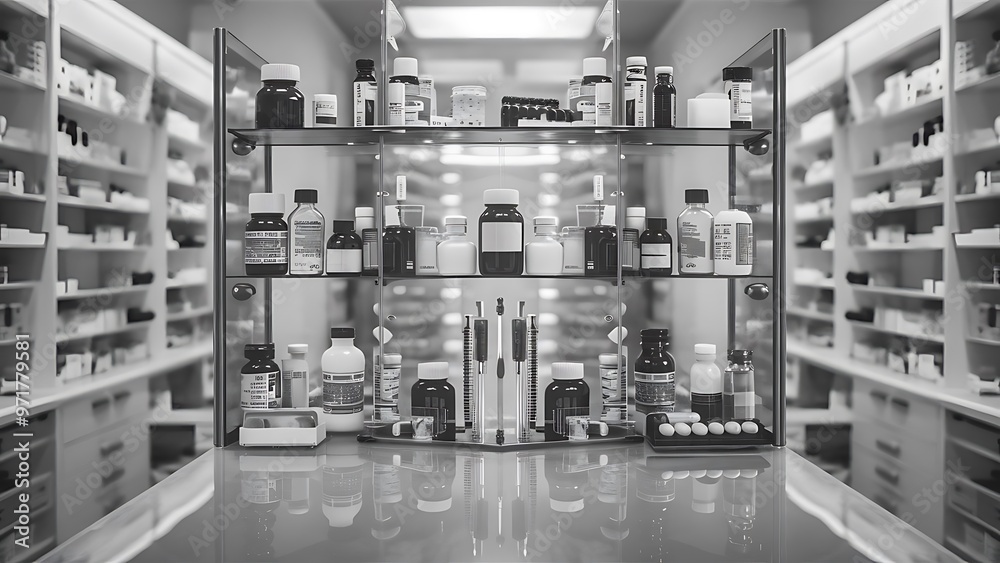 Blank pharmacy medicine pharmaceutics concept defocused background. Blurry view of drug store with preparation Blank pharmacy medicine pharmaceutics concept defocused background. Blurry view of drug store with preparation