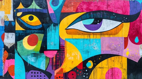 Abstract, colorful street art with two eyes.