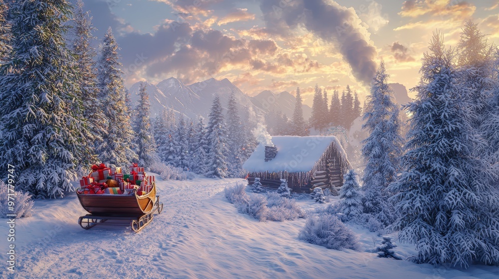 Serene Winter Wonderland with Snow-Covered Trees, Cozy Cabin, and Sleigh Filled with Christmas Presents Serene Winter Wonderland with Snow-Covered Trees, Cozy Cabin, and Sleigh Filled with Christmas Presents