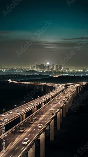 Ampang Kuala Lumpur Elevated Highway AKLEH with City Skyline in Malaysia at Twilight Blurred Defocused Bokeh Background photo