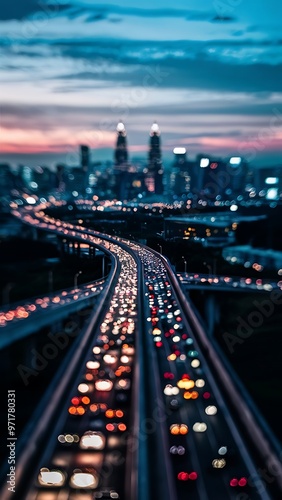 Ampang Kuala Lumpur Elevated Highway AKLEH with City Skyline in Malaysia at Twilight Blurred Defocused Bokeh Background photo