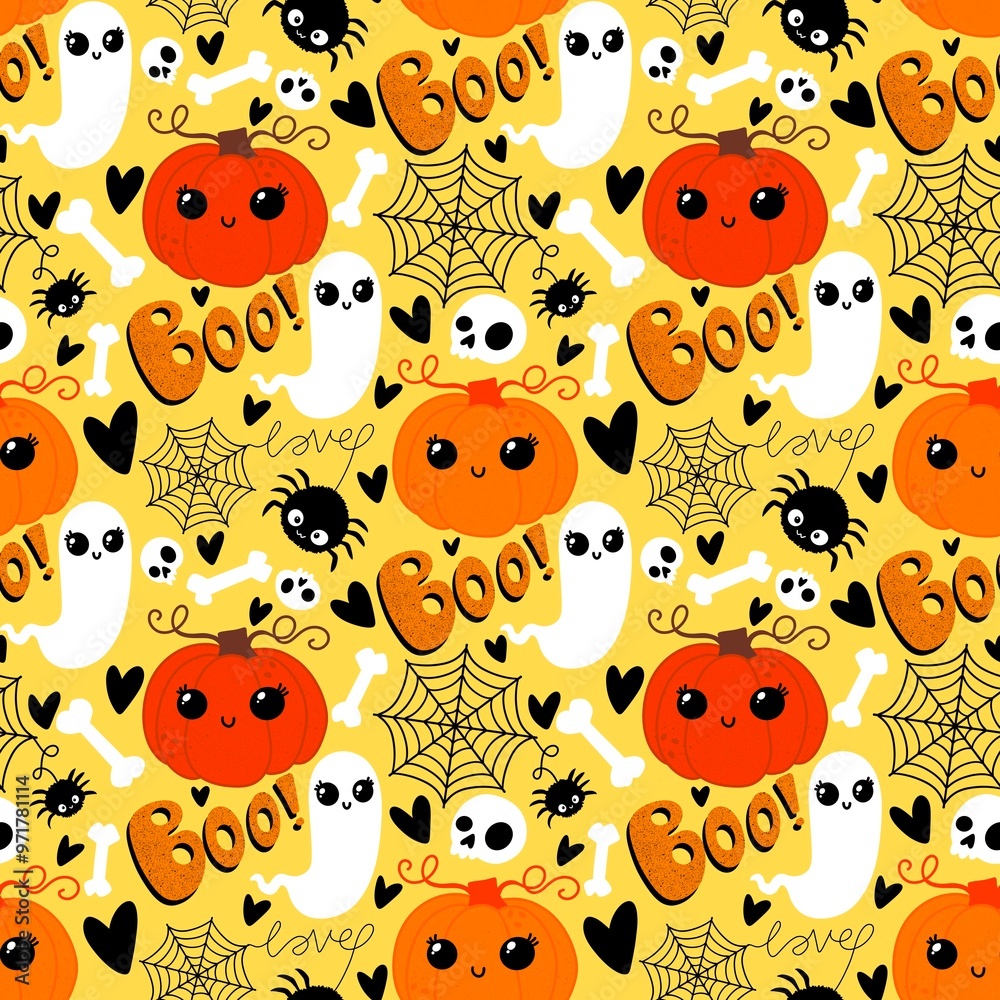Obraz premium Halloween cute pumpkins seamless monsters pattern for wrapping paper and fabric
