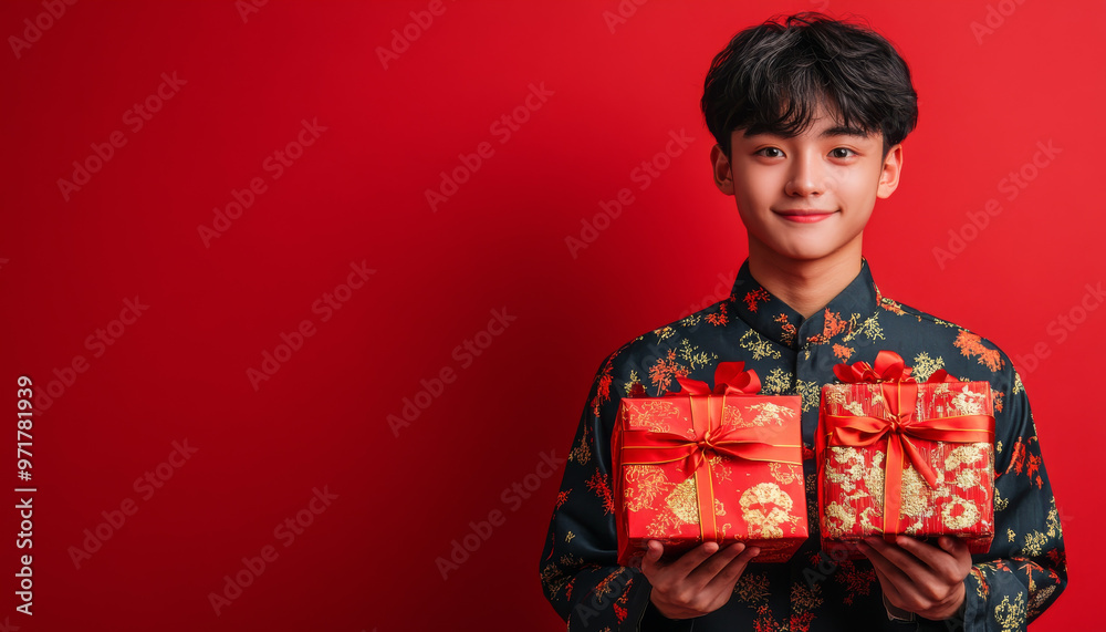 A trendy teenager celebrates Chinese New Year, holding beautifully wrapped red gifts against vibrant red background. festive atmosphere radiates joy and excitement A trendy teenager celebrates Chinese New Year, holding beautifully wrapped red gifts against vibrant red background. festive atmosphere radiates joy and excitement