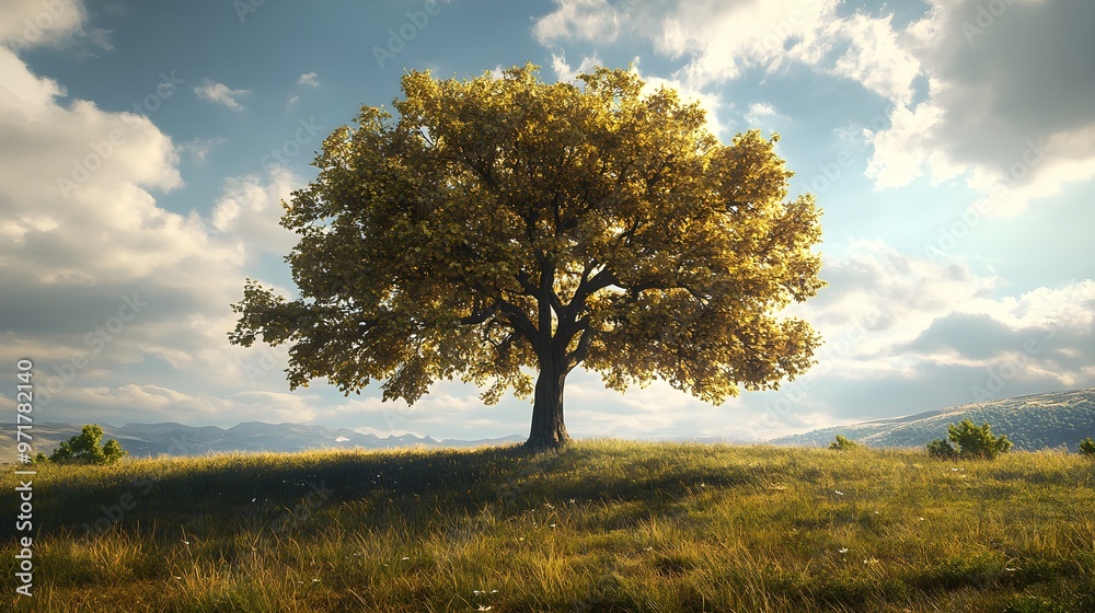 Serene olive tree set against a backdrop of green fields Serene olive tree set against a backdrop of green fields