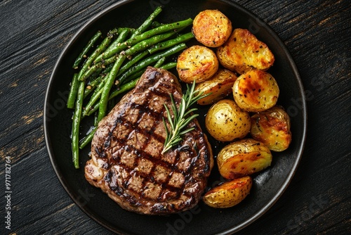 Gourmet Steak Dinner with Roasted Potatoes and Green Beans on Elegant Dark Plate photo