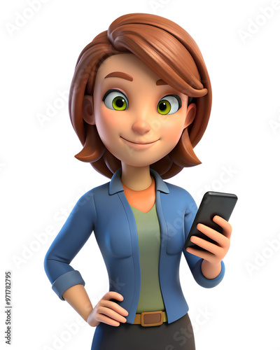 3d cute cartoon woman character with smartphone on the white background