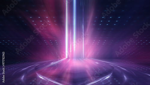 Dark abstract background. Empty neon stage with rays. photo