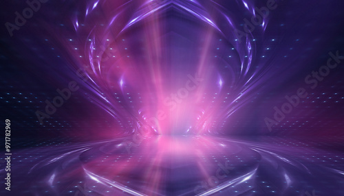 Dark abstract background. Empty neon stage with rays.