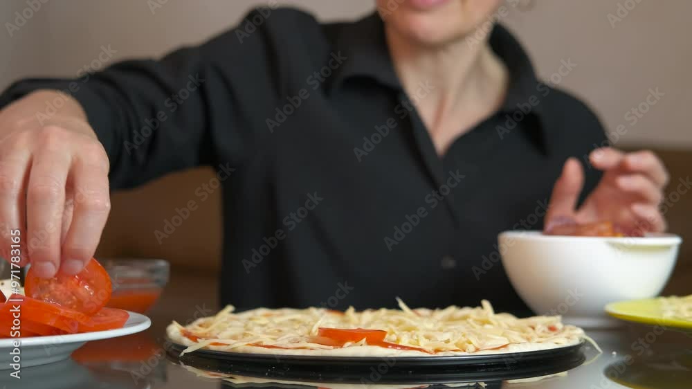 Housewife add tomato ingredient on dough. A view of female add the sliced tomato on the dough base for pizza with cheese on the table. Housewife add tomato ingredient on dough. A view of female add the sliced tomato on the dough base for pizza with cheese on the table.