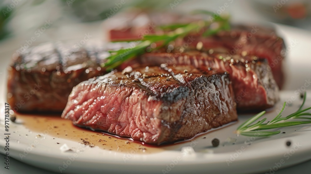 Mouthwatering grilled steak with a perfectly seared exterior and a juicy tender interior seasoned with fragrant rosemary and other spices Mouthwatering grilled steak with a perfectly seared exterior and a juicy tender interior seasoned with fragrant rosemary and other spices