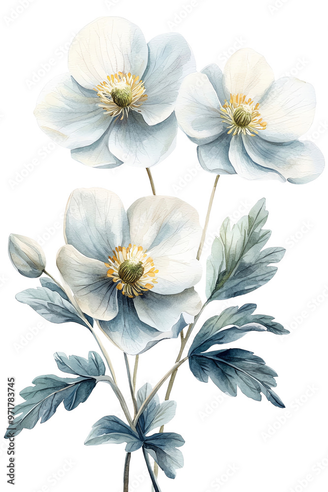 A beautiful illustration of delicate white flowers with green leaves, perfect for adding a touch of nature to any design. A beautiful illustration of delicate white flowers with green leaves, perfect for adding a touch of nature to any design.