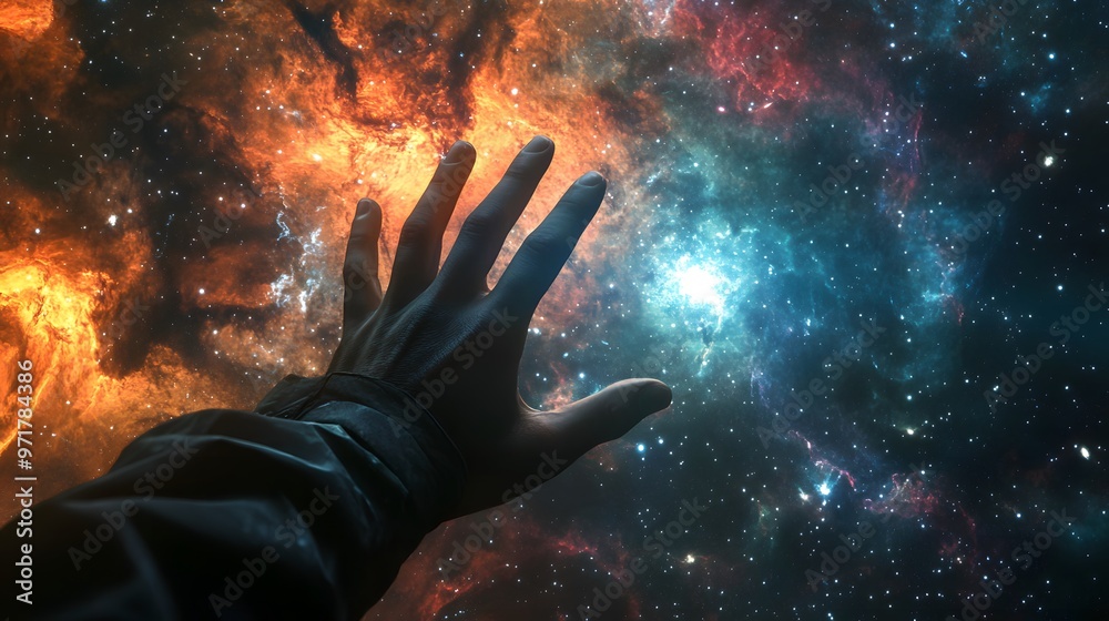 Hand Reaching Toward a Distant Galaxy: A human hand extending toward a colorful spiral galaxy, with stars and nebulae in the background.
Hand Reaching Toward a Distant Galaxy: A human hand extending toward a colorful spiral galaxy, with stars and nebulae in the background.