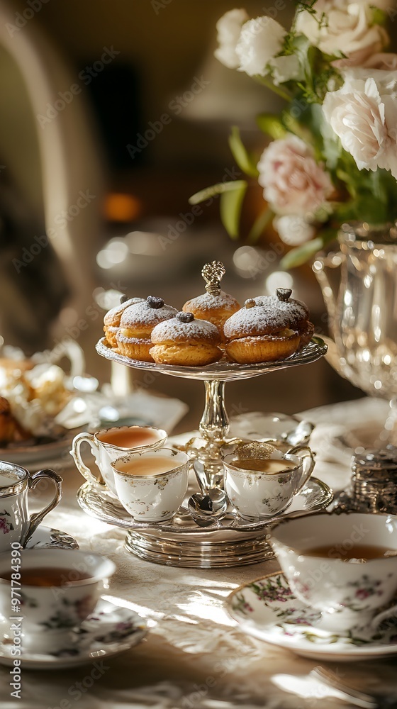 Naklejka premium Lovely afternoon tea atmosphere featuring beautifully arranged tables and decor