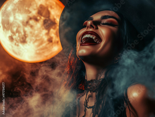 A magical witch in a hat, laughing loudly against the background of full moon, at night. Halloween.