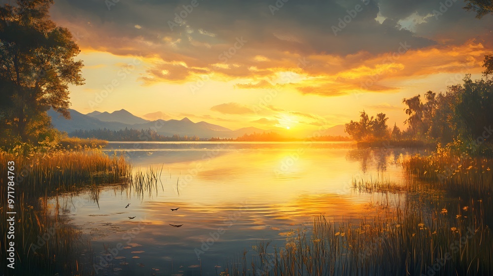 Painting of sunset casting colors on calm water image