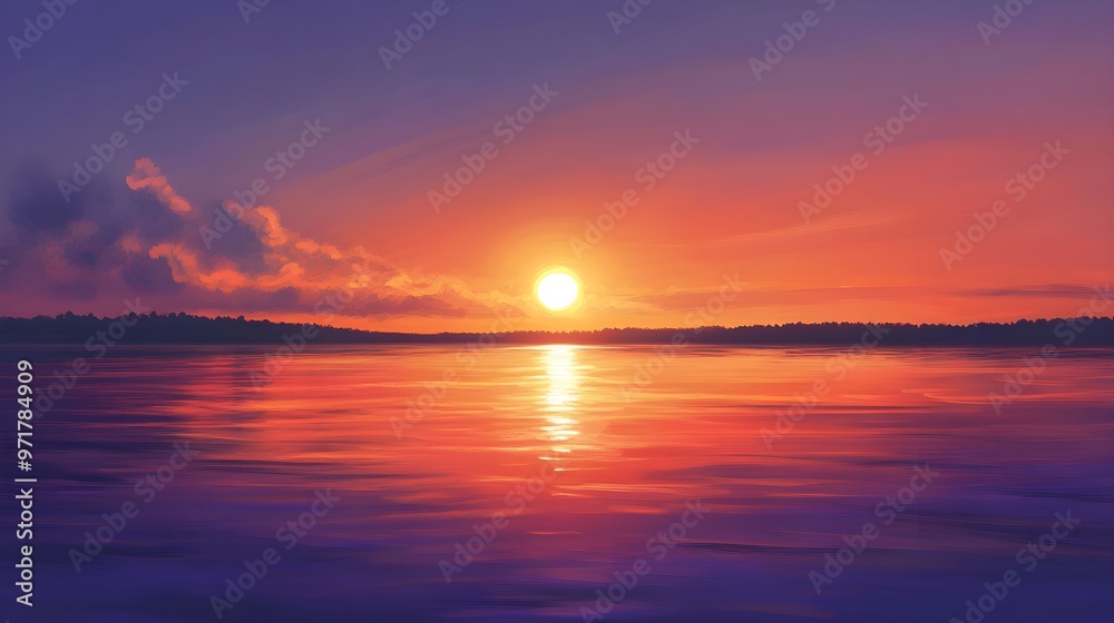 Fototapeta premium Sunset colors merging with peaceful water reflection image