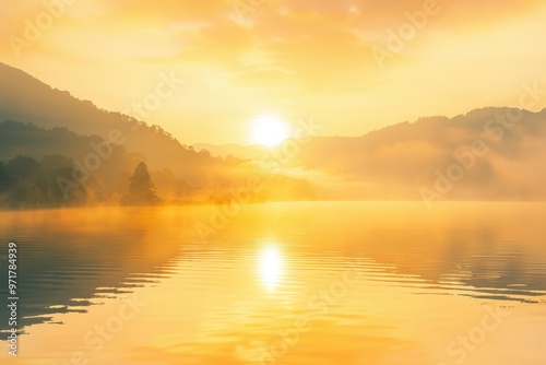 A tranquil lake reflecting a golden sunrise, surrounded by gentle hills and ethereal mist rising from the water in a serene autumn landscape