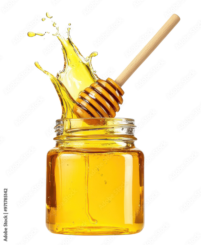 A glass jar filled with honey, featuring a honey dipper and a dynamic splash, perfect for food-related projects. A glass jar filled with honey, featuring a honey dipper and a dynamic splash, perfect for food-related projects.