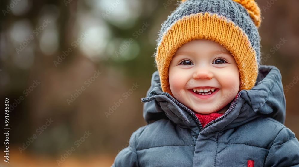 A young child wearing a hat and a jacket is smiling A young child wearing a hat and a jacket is smiling