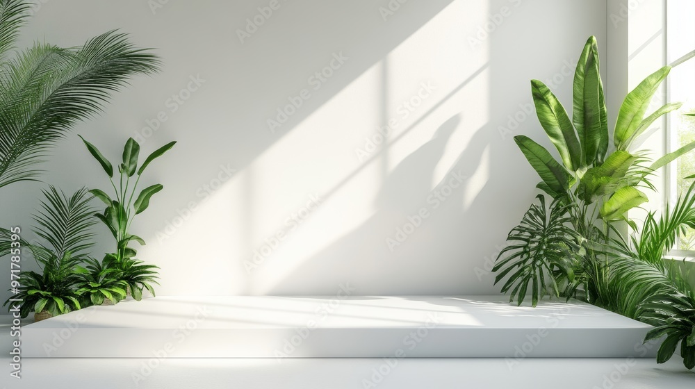 Fototapeta premium Indoor sunlight illuminated green plant e-commerce booth background