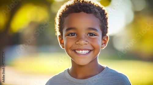 A young boy with brown hair and a smile on his face