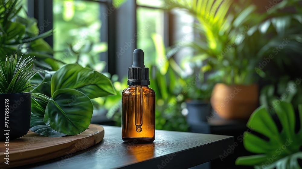 A brown amber oil dropper bottle with plants in the background, placed on a dark wooden surface, bathed in soft natural light, creating a serene and refreshing indoor scene A brown amber oil dropper bottle with plants in the background, placed on a dark wooden surface, bathed in soft natural light, creating a serene and refreshing indoor scene