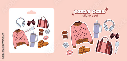 Cartoon set of girl stickers trendy soft girl in modern style. What in girl bag stickers. Water bottle, headphones, bow, ugg, chapstick, scrunchy, tote bag, coffee.