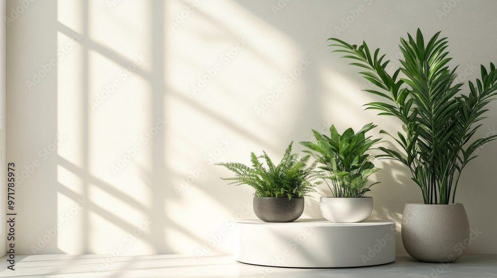 Indoor sunlight illuminated green plant e-commerce booth background