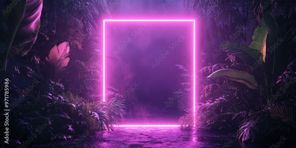Obraz premium Tropical leaves illuminated by fluorescent neon light in square frame