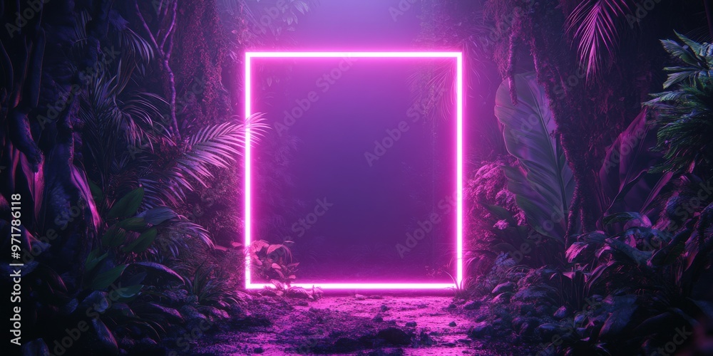 Obraz premium Tropical leaves illuminated by fluorescent neon light in square frame