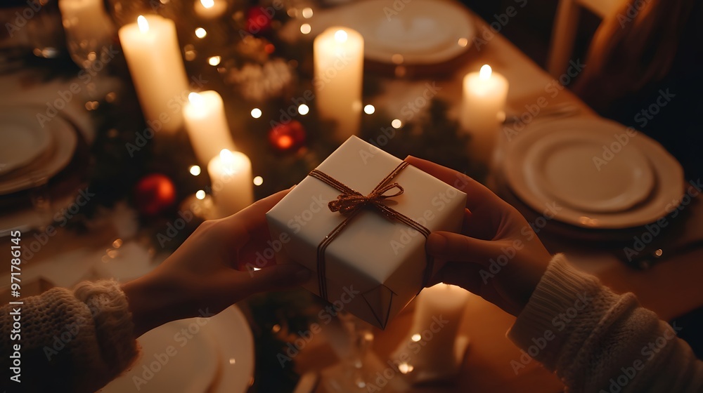 Hands Passing a Gift Box Across a Table: A pair of hands passing a gift box across a festive dinner table, with candles and plates in the background.
Hands Passing a Gift Box Across a Table: A pair of hands passing a gift box across a festive dinner table, with candles and plates in the background.