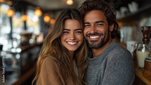 A couple working together as baristas, smiling at the camera while preparing coffee in a cozy cafe with warm lighting and a welcoming atmosphere