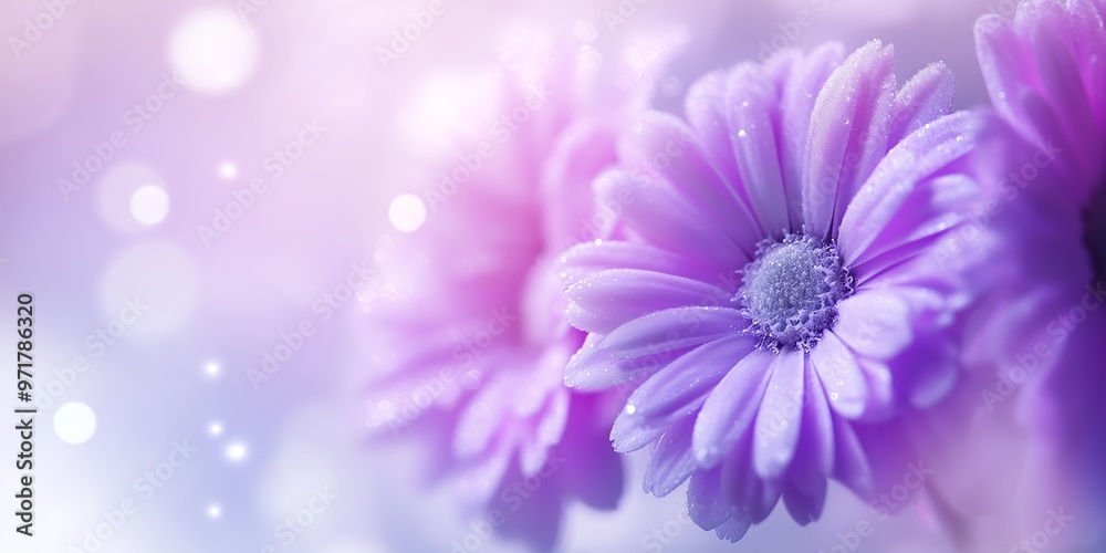 Close-up of a vibrant purple daisy with delicate petals and dewdrops. Soft, dreamy lavender background with bokeh lights creates a romantic atmosphere Close-up of a vibrant purple daisy with delicate petals and dewdrops. Soft, dreamy lavender background with bokeh lights creates a romantic atmosphere