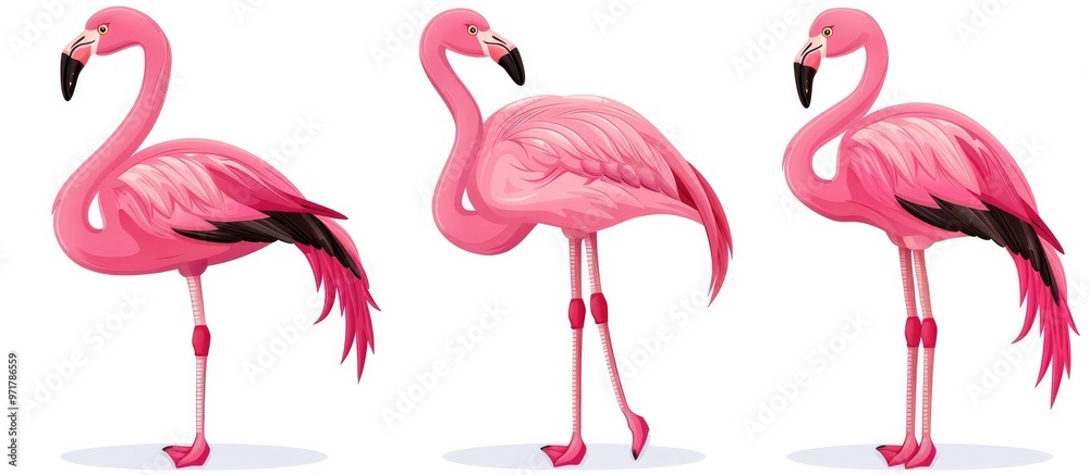 Fototapeta premium Three flamingo depicting the graceful elegant and vibrant nature of these iconic tropical birds The flamingos are shown in various poses showcasing their long slender legs curved necks