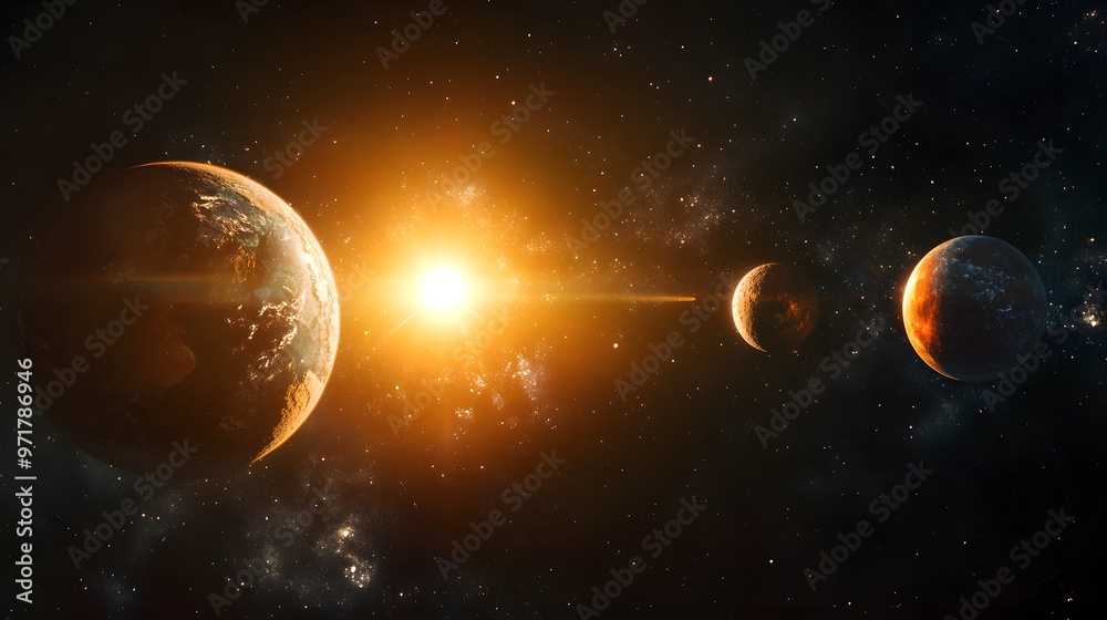 Inner Solar System: A focused view of the inner solar system, featuring Mercury, Venus, Earth, and Mars with the sun illuminating their surfaces.
Inner Solar System: A focused view of the inner solar system, featuring Mercury, Venus, Earth, and Mars with the sun illuminating their surfaces.