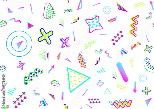 Modern Memphis Milano inspired seamless pattern in abstract pop art design style. Vector graphic illustration. Dense all over the top composition, vibrant neon colors.