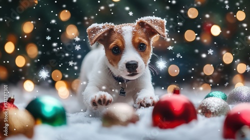 A playful puppy bounds through a snowy garden, eagerly catching snowflakes amidst colorful decorations and sparkling lights