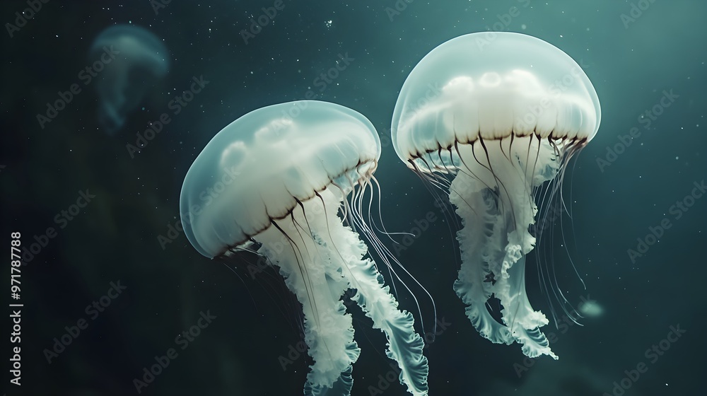 Fototapeta premium Ballet dancing white jellyfish floating on white background picture