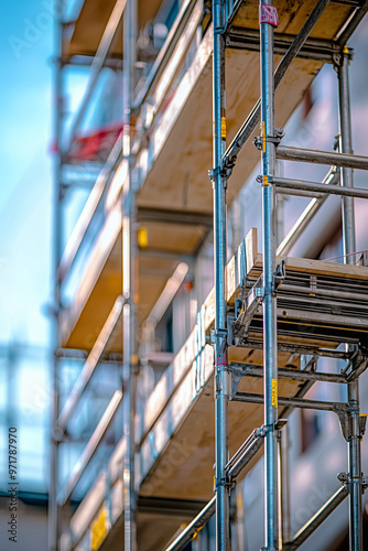 scaffolding on the building facade repair close-up Generative AI