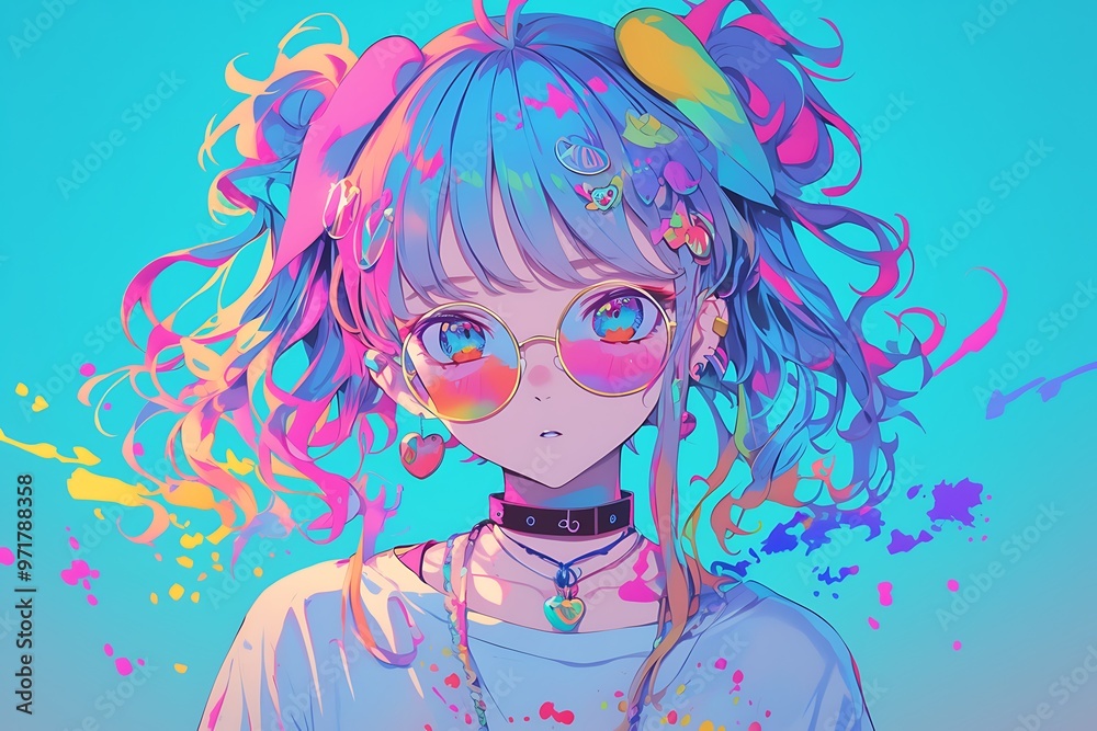 Anime Girl with Blue Hair, Pink Sunglasses, and Colorful Splashes Anime Girl with Blue Hair, Pink Sunglasses, and Colorful Splashes