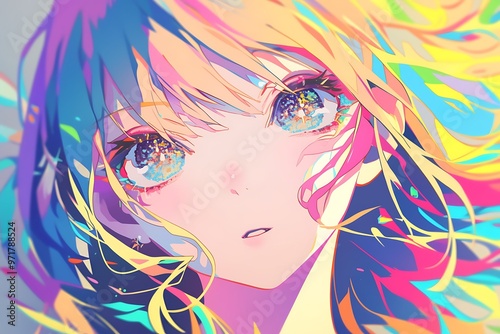 Anime girl portrait with colorful hair and eyes. Digital art, fantasy, kawaii